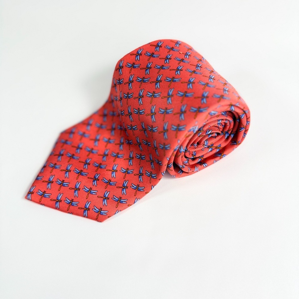 Brooks Brothers Tie Makers Silk Printed In Italy Coral Pink Dragonfly Necktie